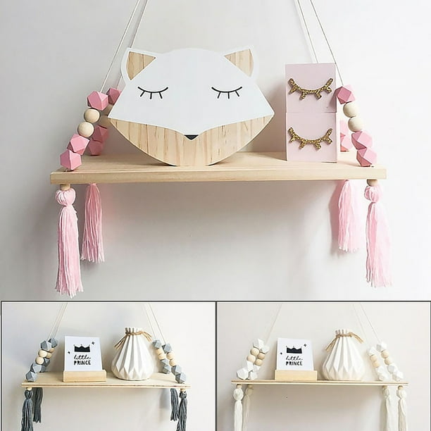 Wall Hanging Shelf Wood Rope Swing Shelves Baby Kids Room Storage Tassel Decor